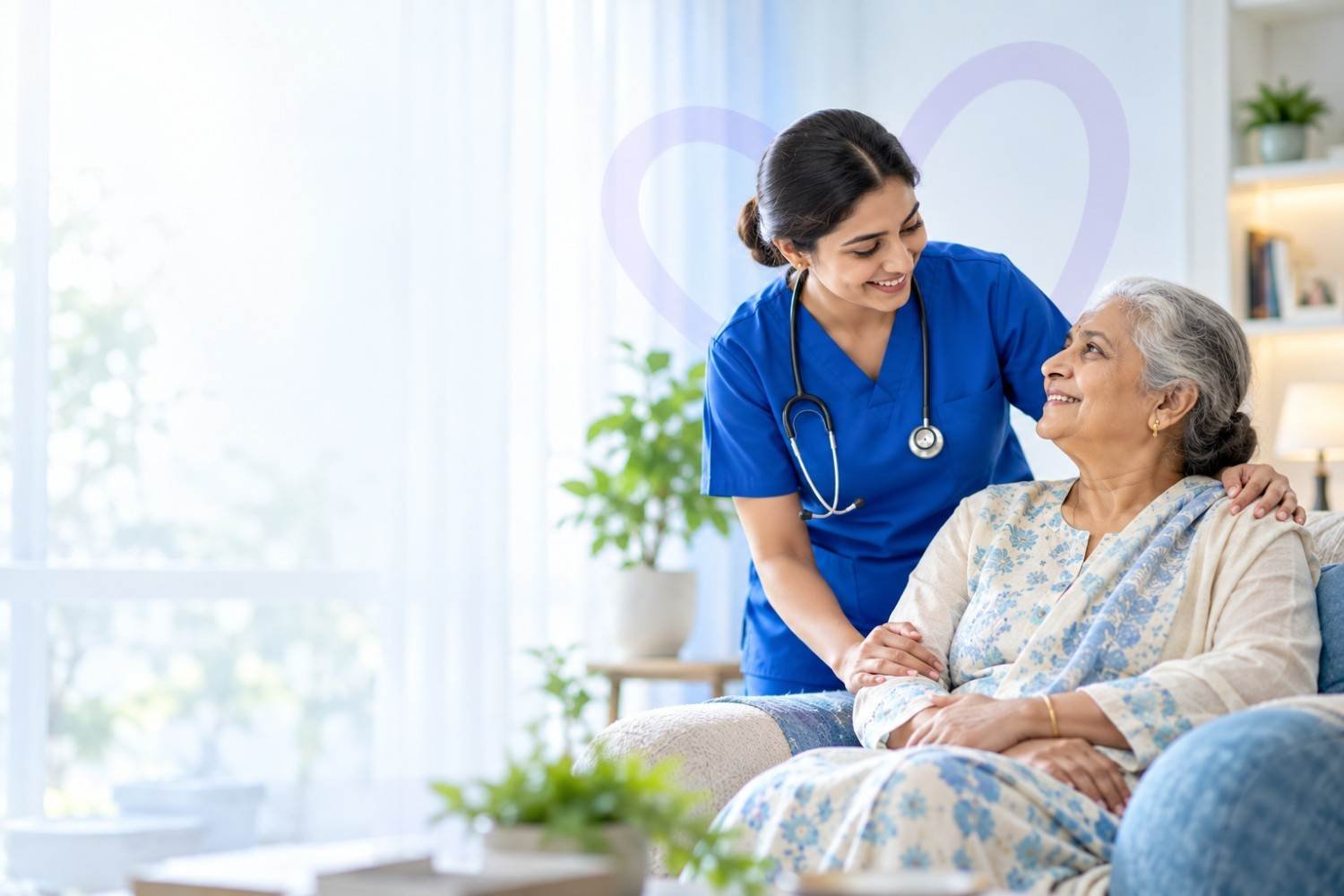 Nurse caring for an elderly woman at home