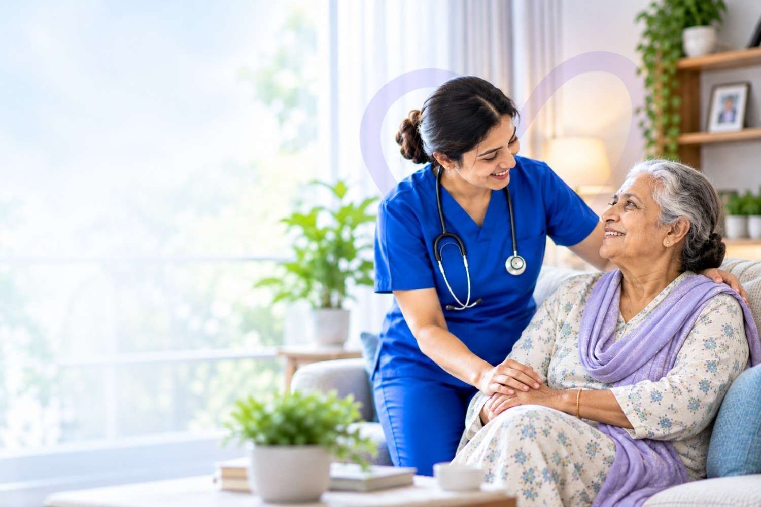 Nurse caring for an elderly woman at home